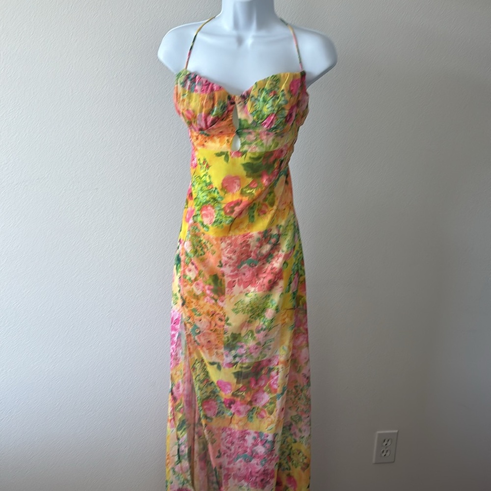 NWT Floral Dress L Y2K Lace-Up Back Maxi Side Slit Coquette Boho Resort Romantic - Picture 11 of 16